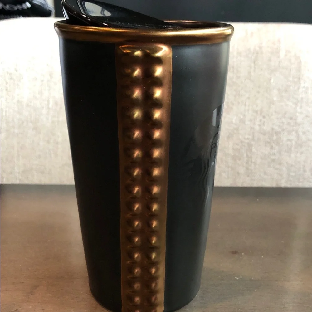 2105 Starbucks Matte Black & Gold Accent Ceramic Travel Tumbler